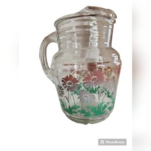 Vintage glass pitcher with pink and white flowers
